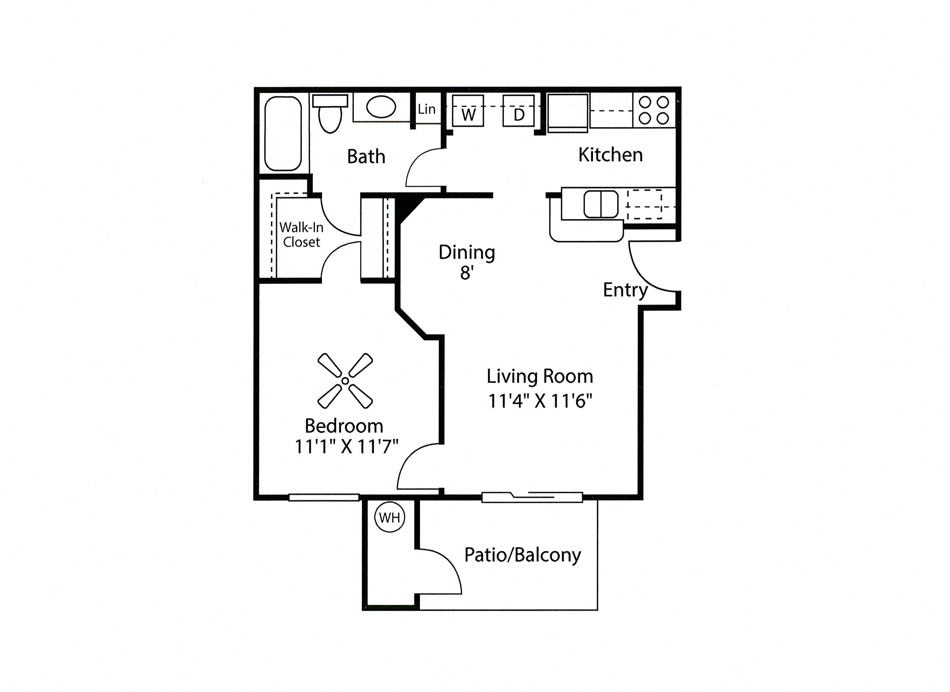 Floor plan for 1 bed, 1 bath, 589 sqft